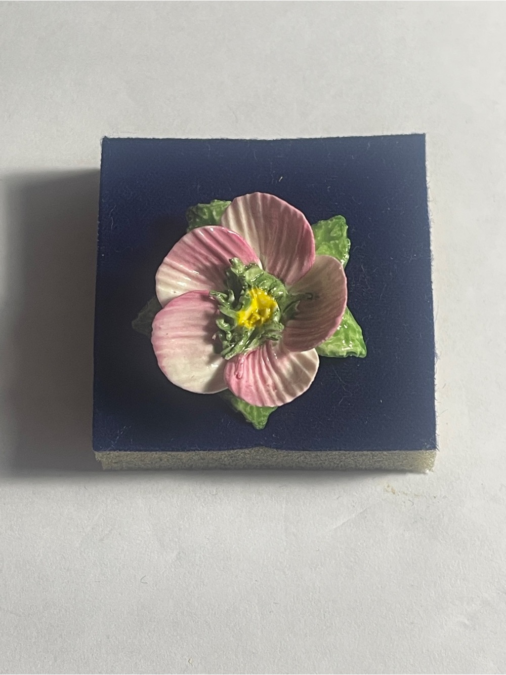 Dorothy Ann Pink Flower Enamel Brooch with Green Leaves